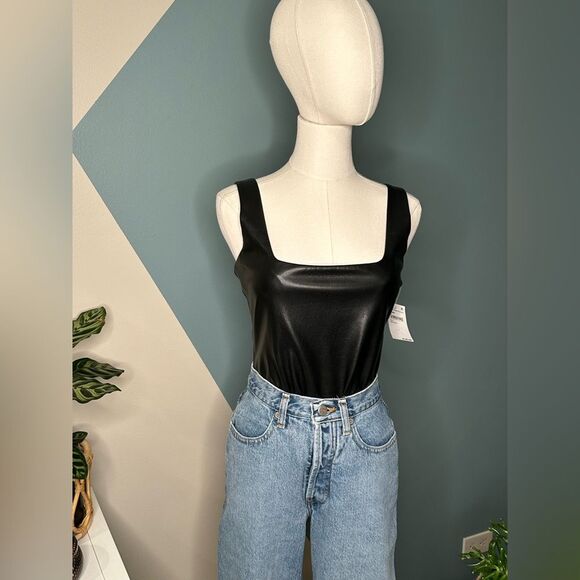 Good American Tops - Good American Faux Leather Bodysuit Black GB0499 Sleek Edgy Streetwear Size Med